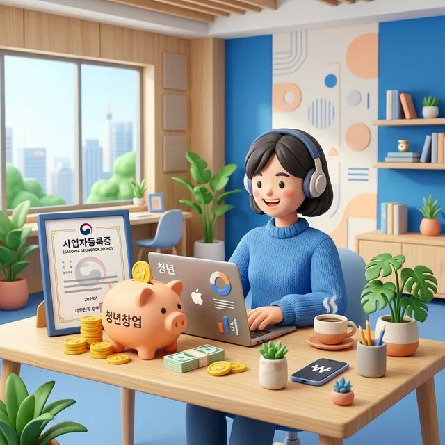 2026년 청년 창업 세액감면 혜택과 사업자 등록의 전략적 타이밍을 설명하는 미니멀한 3D 기술 테마 일러스트