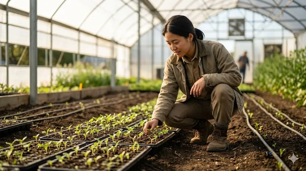 청년 농업인 실습 온실에서 묘판을 돌보는 장면, 2026 청년 농업인 육성 지원 맥락
