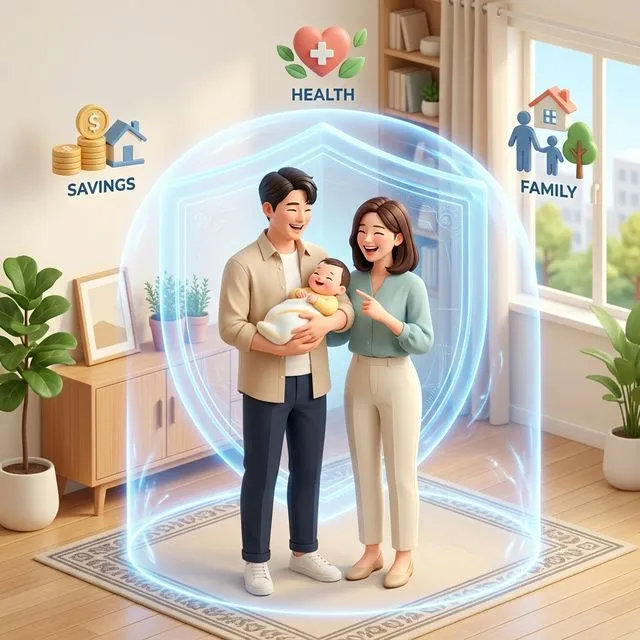 2026년 청년 상생보험의 출산 및 육아 혜택과 젊은 부부의 경제적 보호 시스템을 설명하는 인포그래픽 평면 디자인