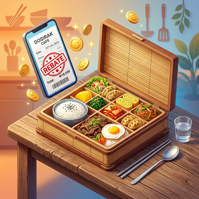 2026년 중소기업 든든한 한끼 지원 사업을 설명하는 다채로운 도시락과 금색 코인 3D 일러스트