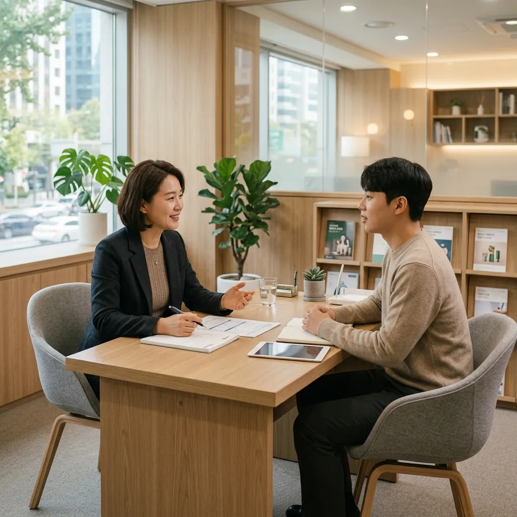 신용회복위원회 상담 창구에서 전문가와 차분하게 대화하는 청년의 모습