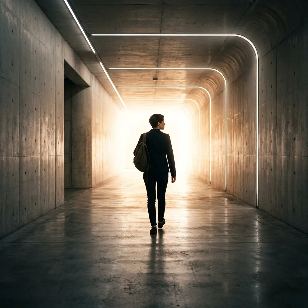 터널 끝에서 밝은 빛을 향해 나아가는 청년의 모습, 신용회복과 희망의 상징