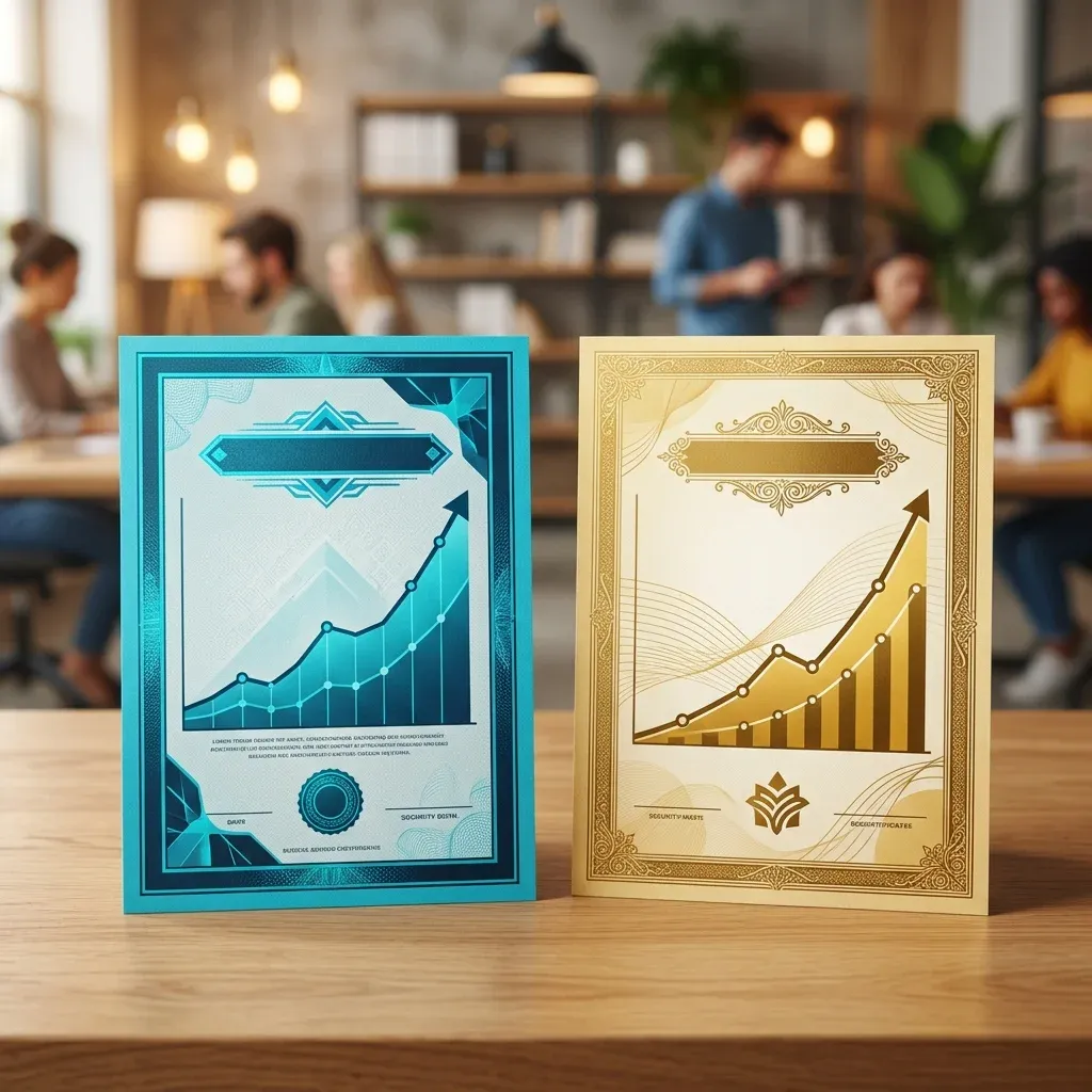서로 다른 색상의 디지털 적금 증서 및 자산 증식 그래프 3D 디자인