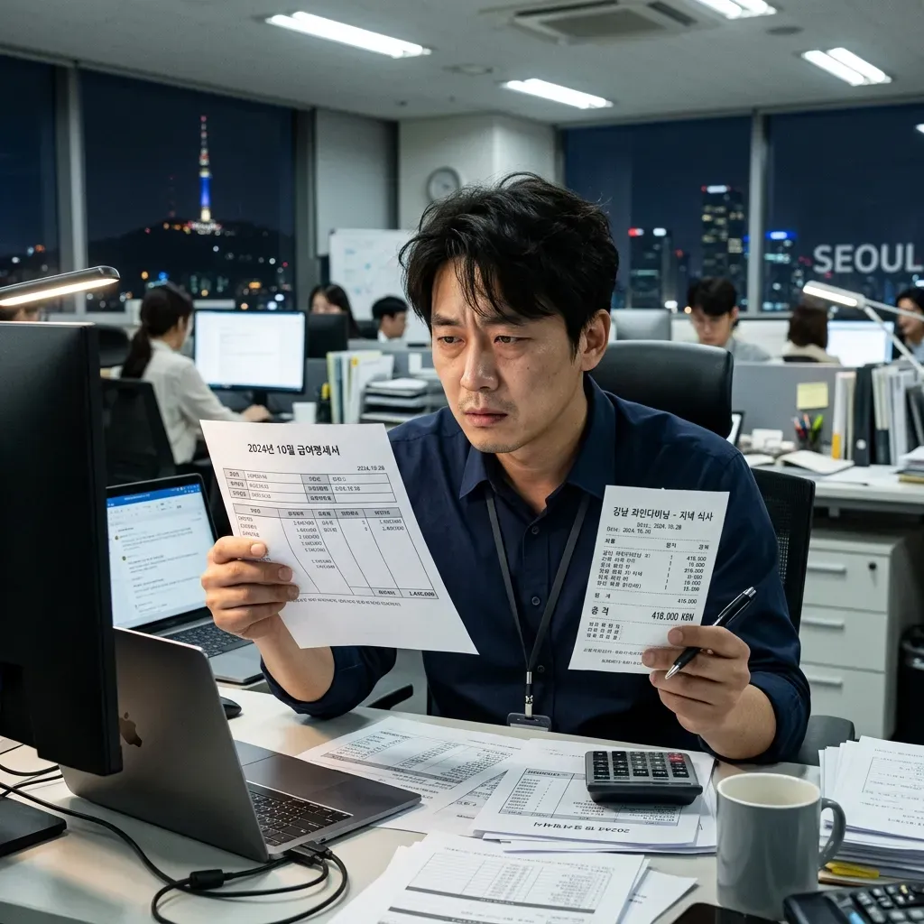 월급명세서와 고가의 점심 영수증을 대조하는 청년 직장인