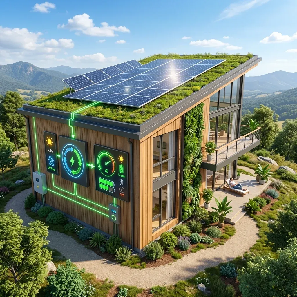 A 3D render of a smart green home showing electricity flow meters, clean renewable energy indicators, dynamic angle, high detail, no text.