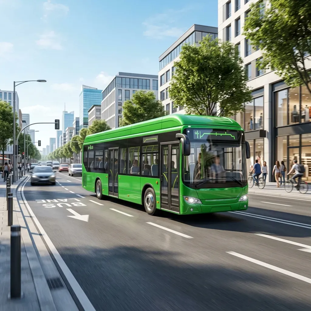 A 3D render of a modern green transit bus traveling on a clean city street, bright daylight, dynamic angle, high detail, no text.