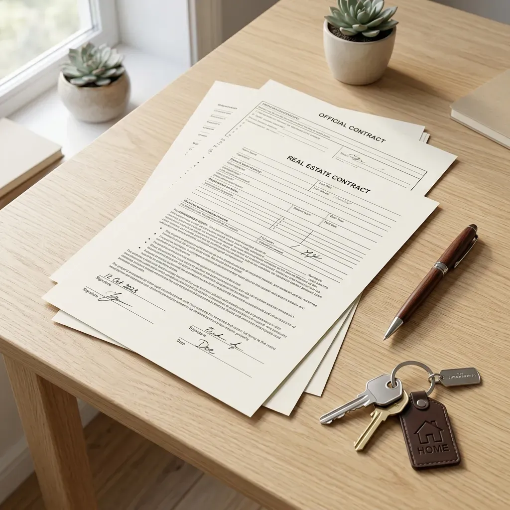 A flat lay of official real estate contracts, a pen, and a key chain on a clean desk, natural light, high detail.