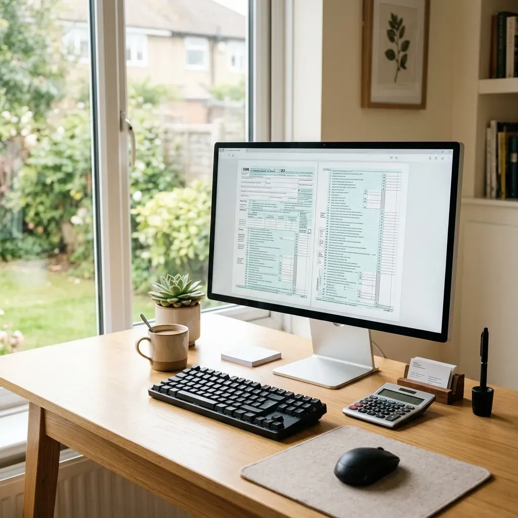 A clean office desk displaying a computer screen with tax forms, a calculator, a business card holder, natural light.