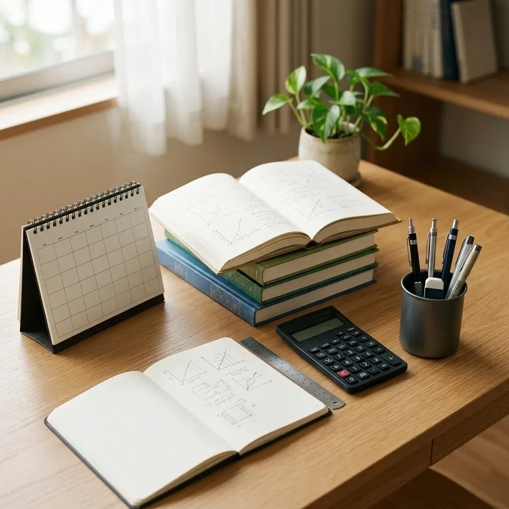 A clean desk showing a calendar, a calculator, mechanical pencils, and test study books, soft shadow, highly detailed.
