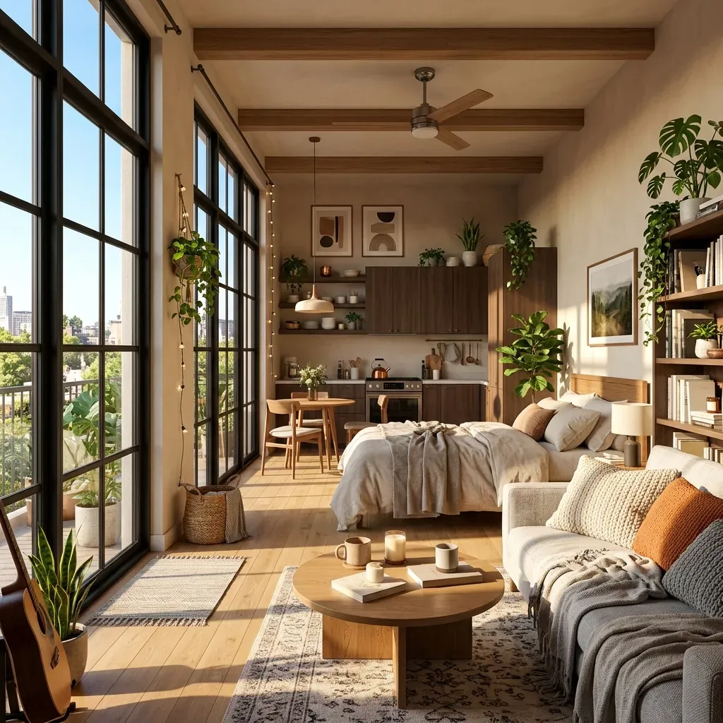 A 3D render of a cozy modern studio apartment with large windows, bright sunlight streaming in, showing a warm interior, high detail.