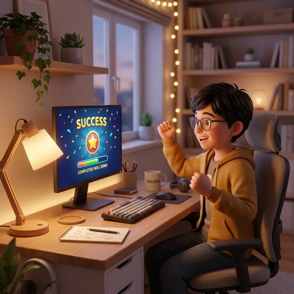 A 3D render of a young student sitting at a desk with a computer displaying a success screen, warm study lights, hopeful tone, clean background.