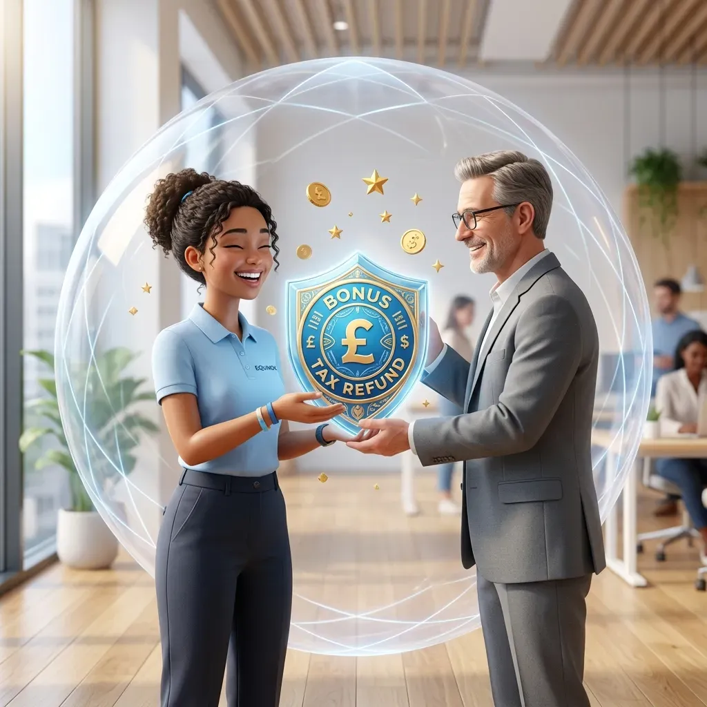 A 3D render of a cheerful young worker receiving a bonus tax refund shield, protective glassmorphism dome, bright morning light, clean background.